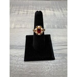 Avon Rose Glow Ring 1973 -Gold Tone Faux Ruby Stone & Pearl Halo Signed, Size 7